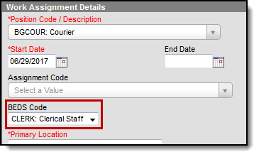 screenshot of an example of the work assignment details highlighting the BEDS code field.