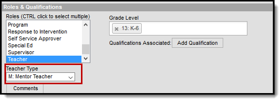 screenshot of the roles and qualifications section highlighting the teacher type field.