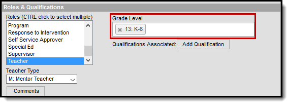 screenshot of the roles and qualifications section highlighting the grade level field. 