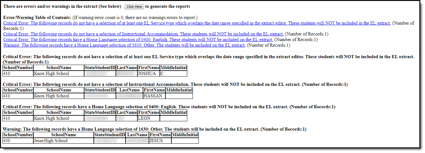 Screenshot of an example of the Warning and Errors report.