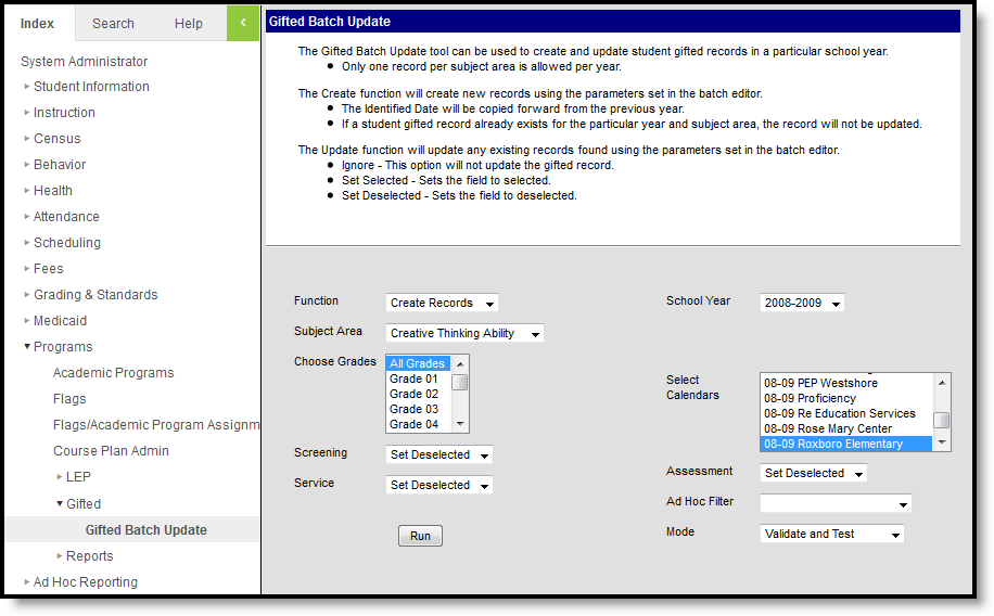 Screenshot of the gifted batch update editor. 