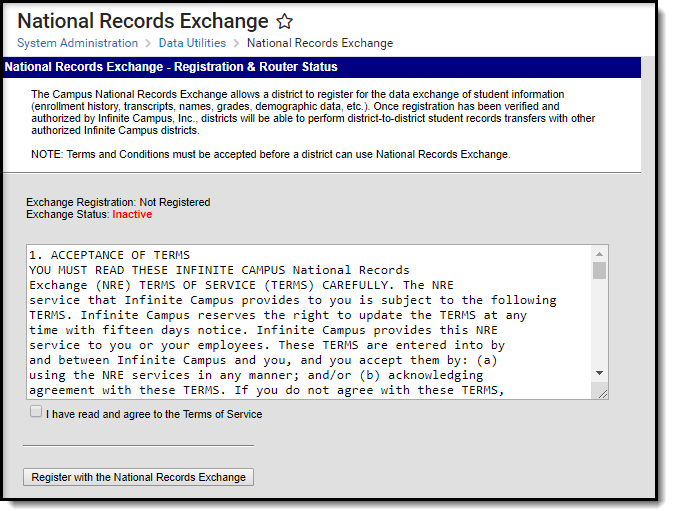 Screenshot of National Records Exchange terms of service and registry page