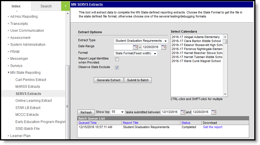 Screenshot of the SERVS extract editor.