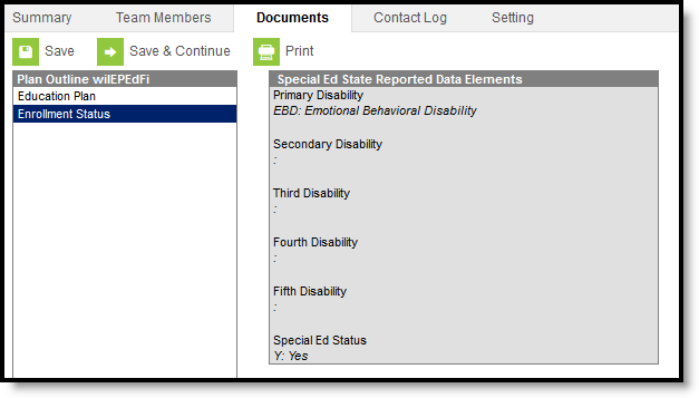 Screenshot of the enrollment status editor.