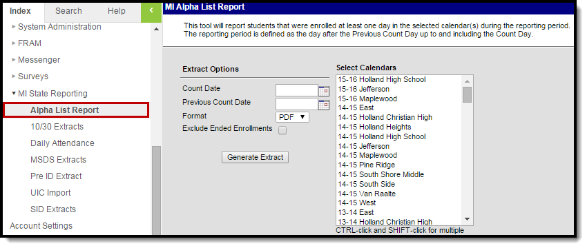 Screenshot of the Alpha List Report editor.