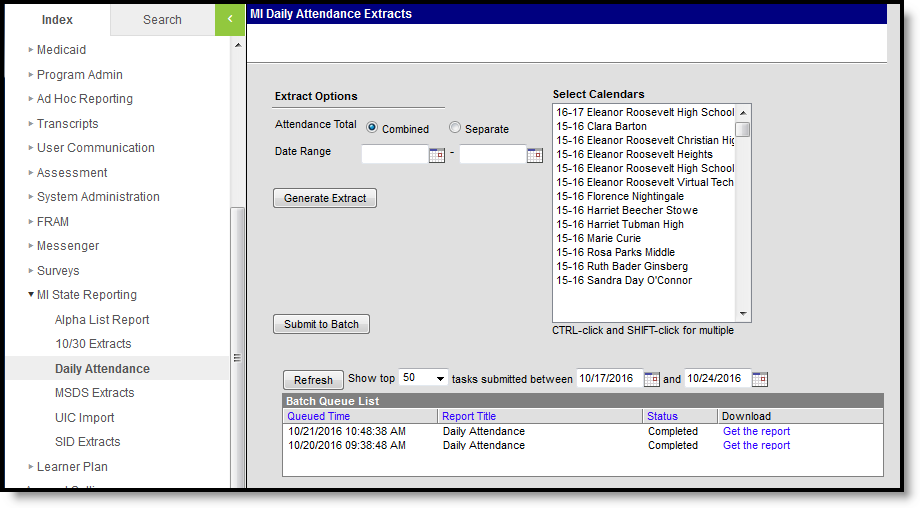 Screenshot of the Daily Attendance extract editor.  