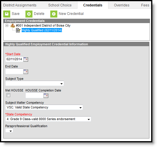 Screenshot of the Credentials tool with a State Competency selected. 