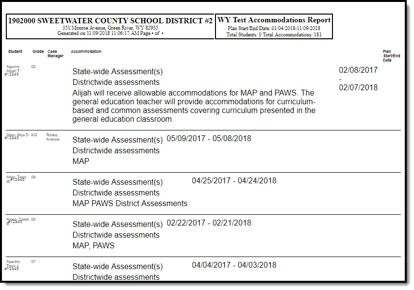 Screenshot of a test accommodation report example PDF.