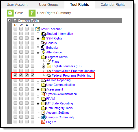 Screenshot of tool rights needed to access Federal Programs Publishing.