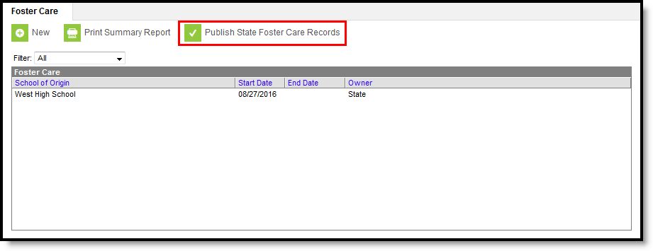 Screenshot of individual student's Foster Care records with Publish button highlighted.