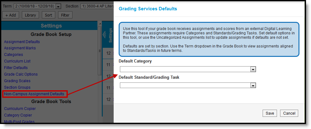 Screenshot highlighting the Non-Campus Assignment Defaults tool in the Grade Book Settings menu and showing the Defaults tool. 