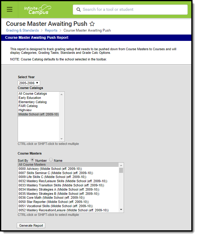 Screenshot of the Course Master Awaiting Push report editor.  