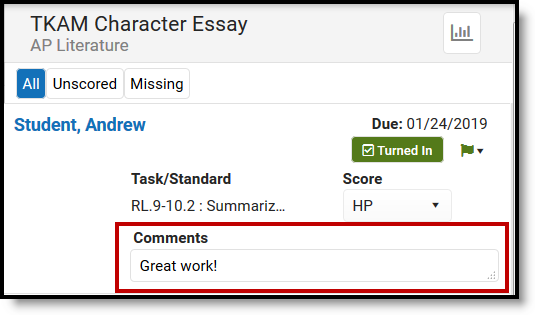 Screenshot highlighting an assignment comment when scoring an assignment in the teaching center.  