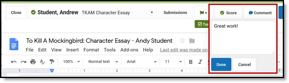 Screenshot highlighting an assignment comment in the submission scoring screen.