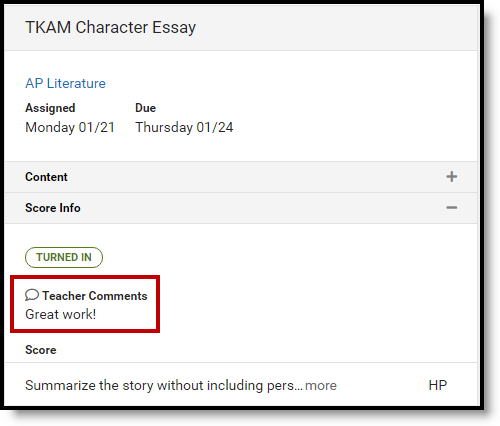 Screenshot highlighting how an assignment displays for parents and students. 