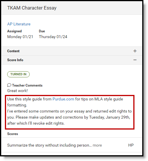 Screenshot highlighting how teacher feedback displays in an assignment for parents and students. 