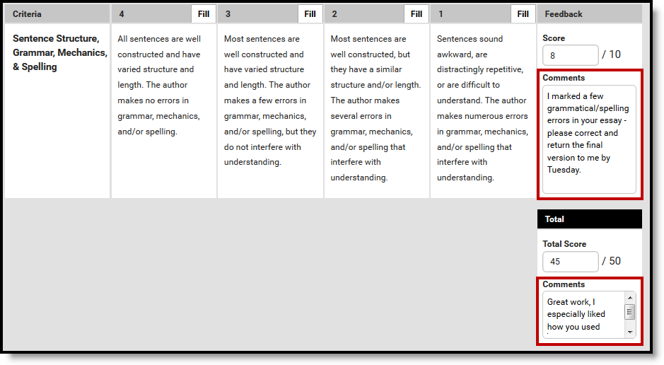 Screenshot highlighting a scoring rubric comment in the feedback column on the right side of a scoring rubric.  