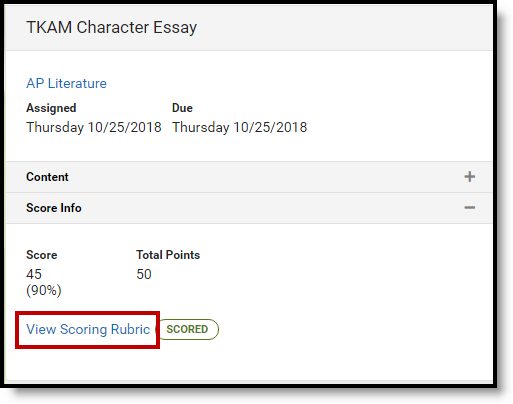 Screenshot of and assignment Campus Student highlighting the link to view a scoring rubric. 