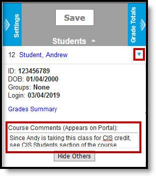 Screenshot highlighting course comments entered in an expanded student row of the grade book. 