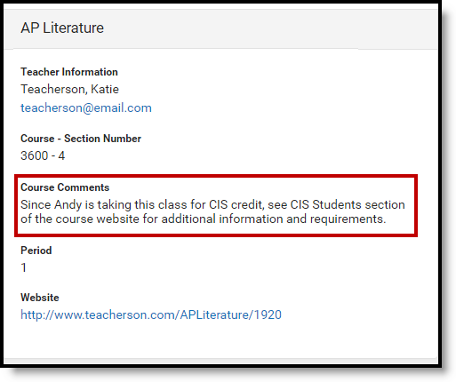 Screenshot highlighting where course comments display for parents and students in the course details. 