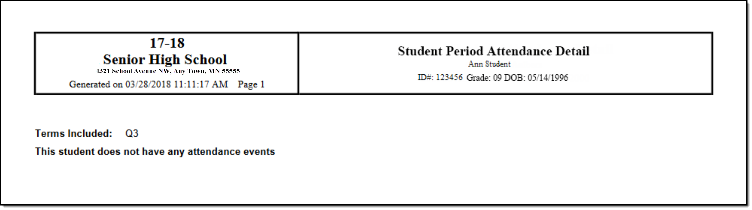 Screenshot of an example of the report for a student with no attendance events.