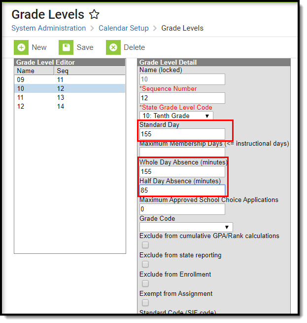 Screenshot of the Grade Levels tool with callouts around Standard Day, Whole Day, and Half Day Absence minutes. 