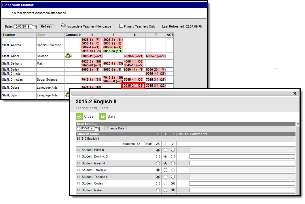 Two-part screenshot of recoding attendance on the classroom monitor and the course tool.
