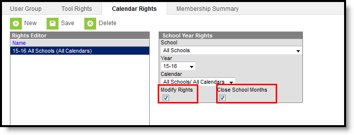Screenshot of the User Calendar tool rights.