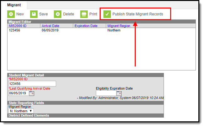 Screenshot highlighting the Publish State Migrant Records button. 