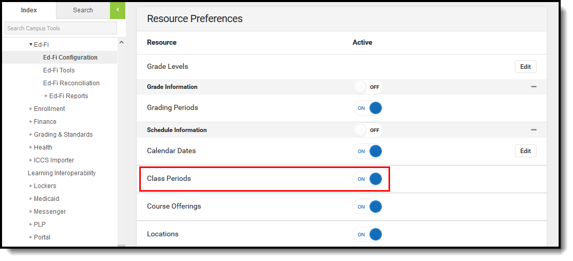 Screenshot of Class Periods Resource Preferences.