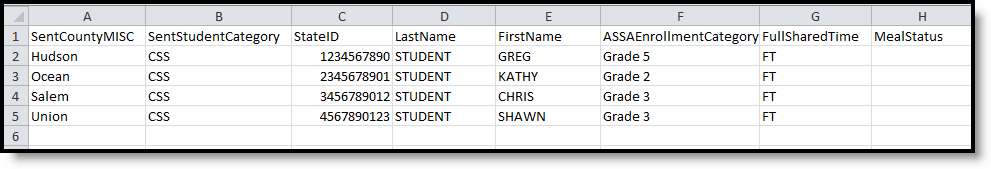 Screenshot of an example of the CSV format of the ASSA Student Sent to CSSD report.