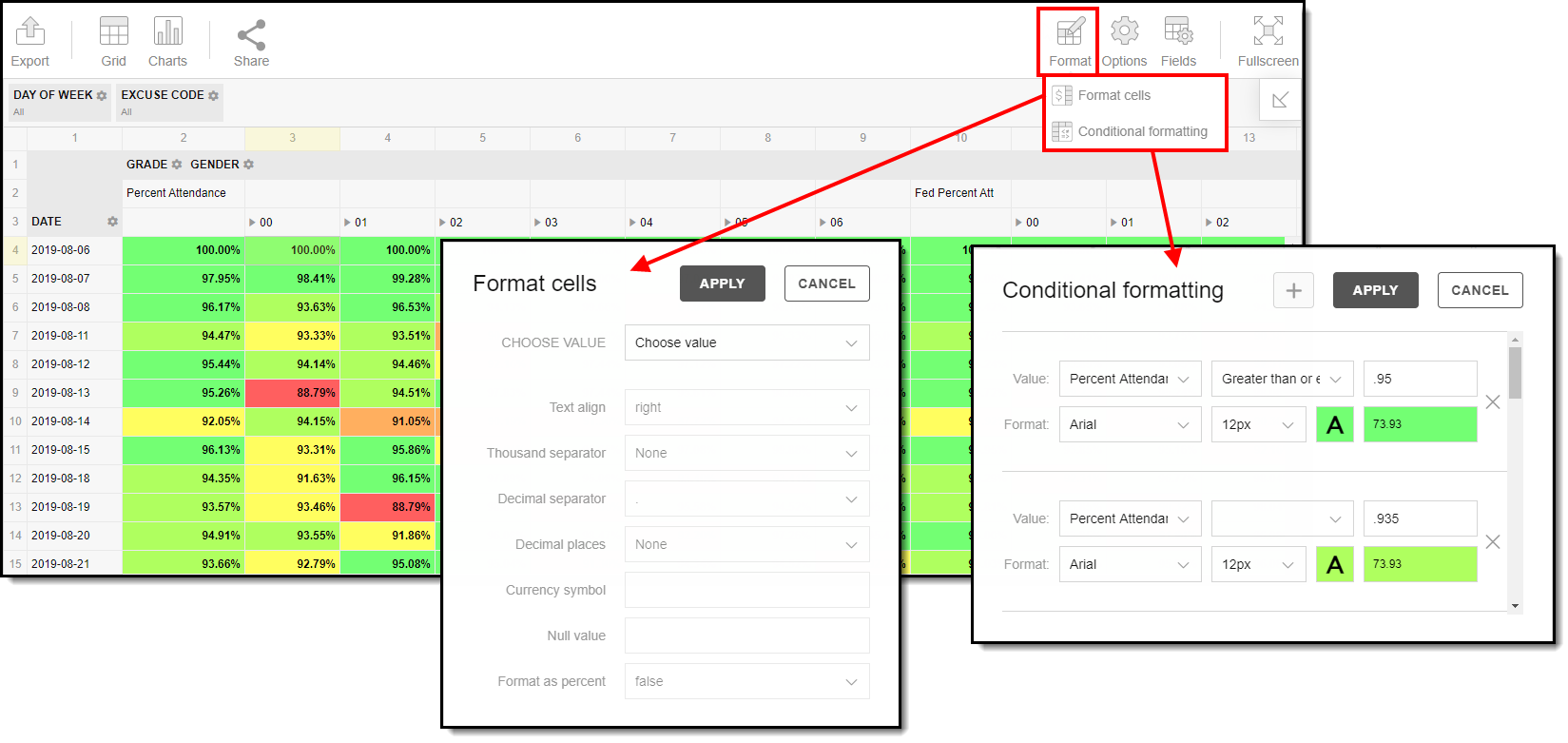 screenshot of the format button being selected and the format and conditional formatting filter options provided to a user
