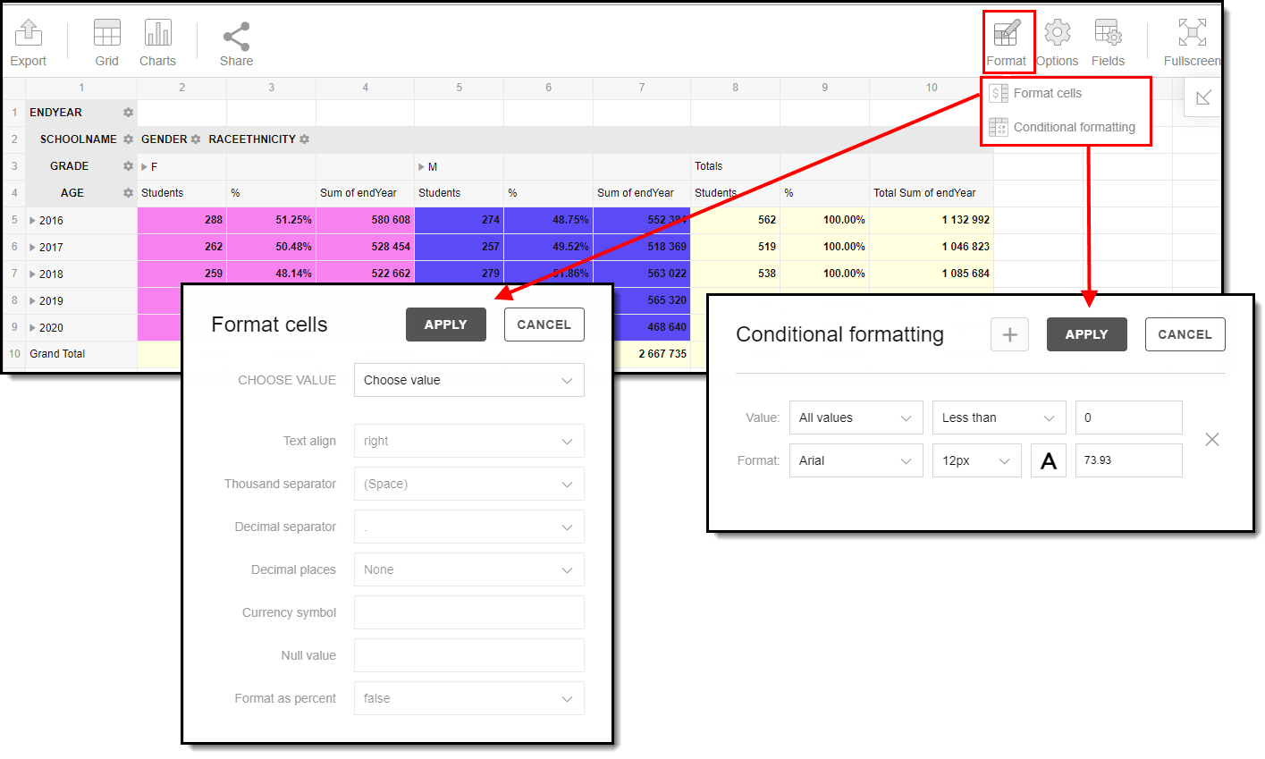 screenshot of the format button being selected and the format cells and conditional formatting options provided to a user