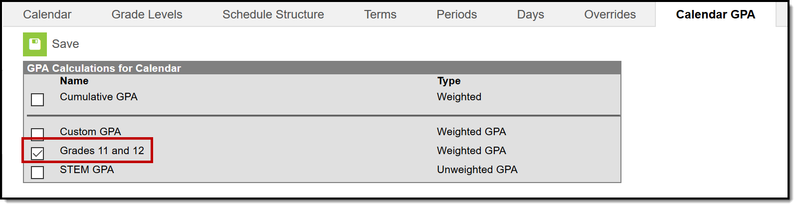 Screenshot of the Calendar GPA tool with the example GPA highlighted. 