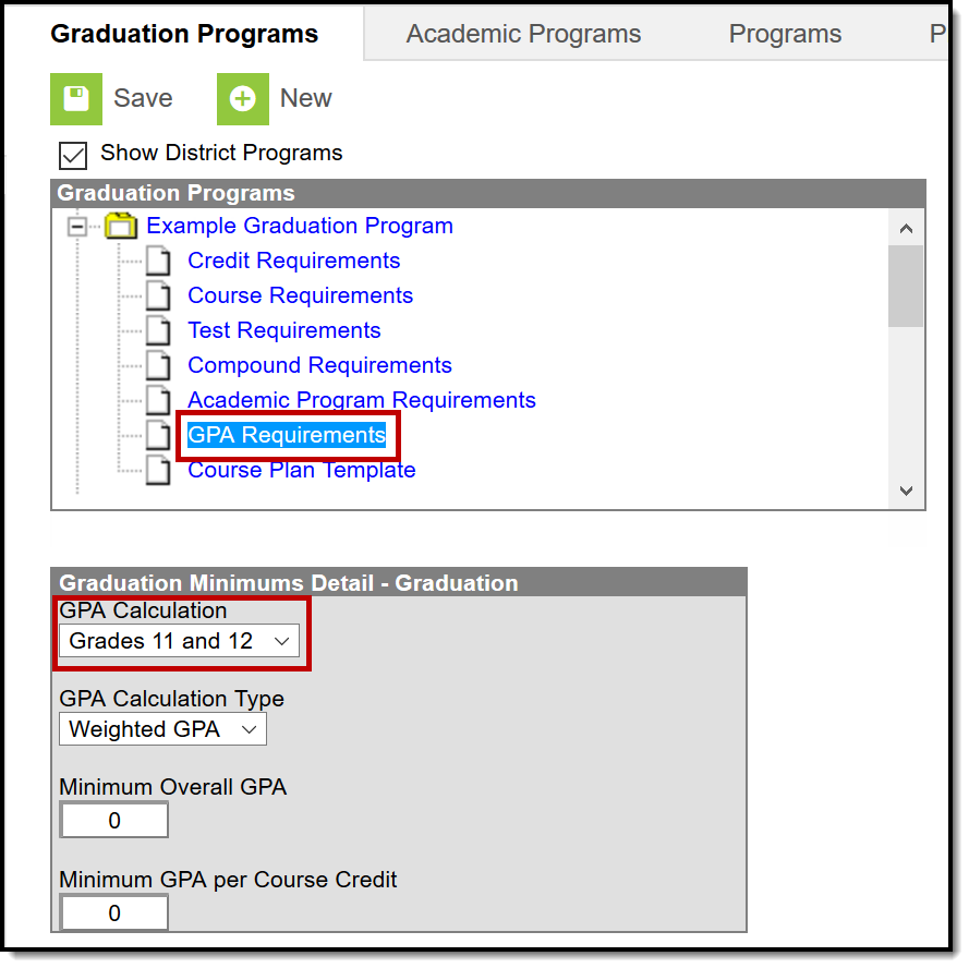 Screenshot of the Graduation programs tool showing the example GPA.