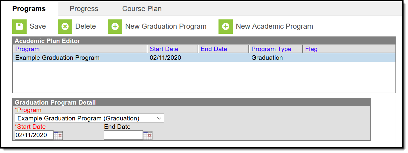 Screenshot of the Programs tool showing the graduation program.