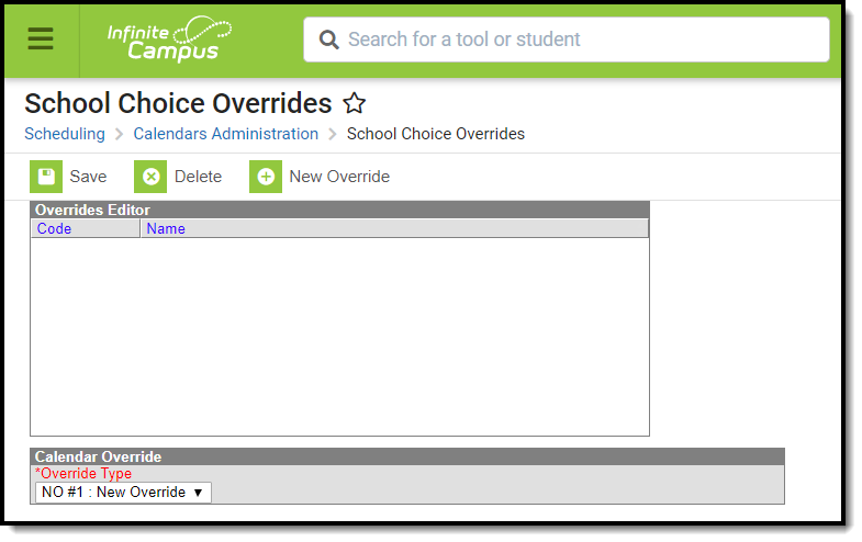 Screenshot of the School Choice Calendar Overrides tool. 