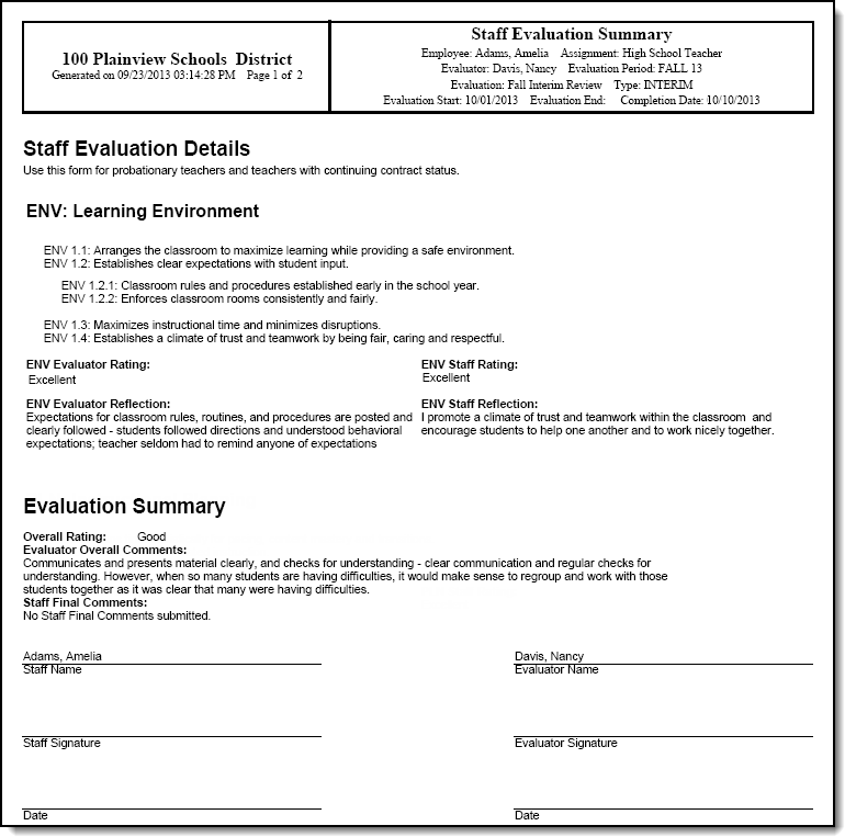 Screenshot of a Printed Evaluation