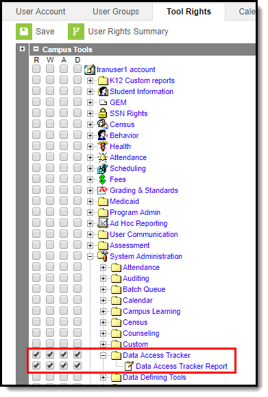 Screenshot of Data Access Tracker Report Tool Rights