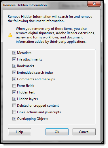 Screenshot of each of the remove hidden information options.