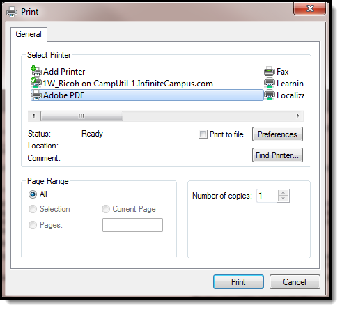 Screenshot of Adobe PDF selected in a printer options window