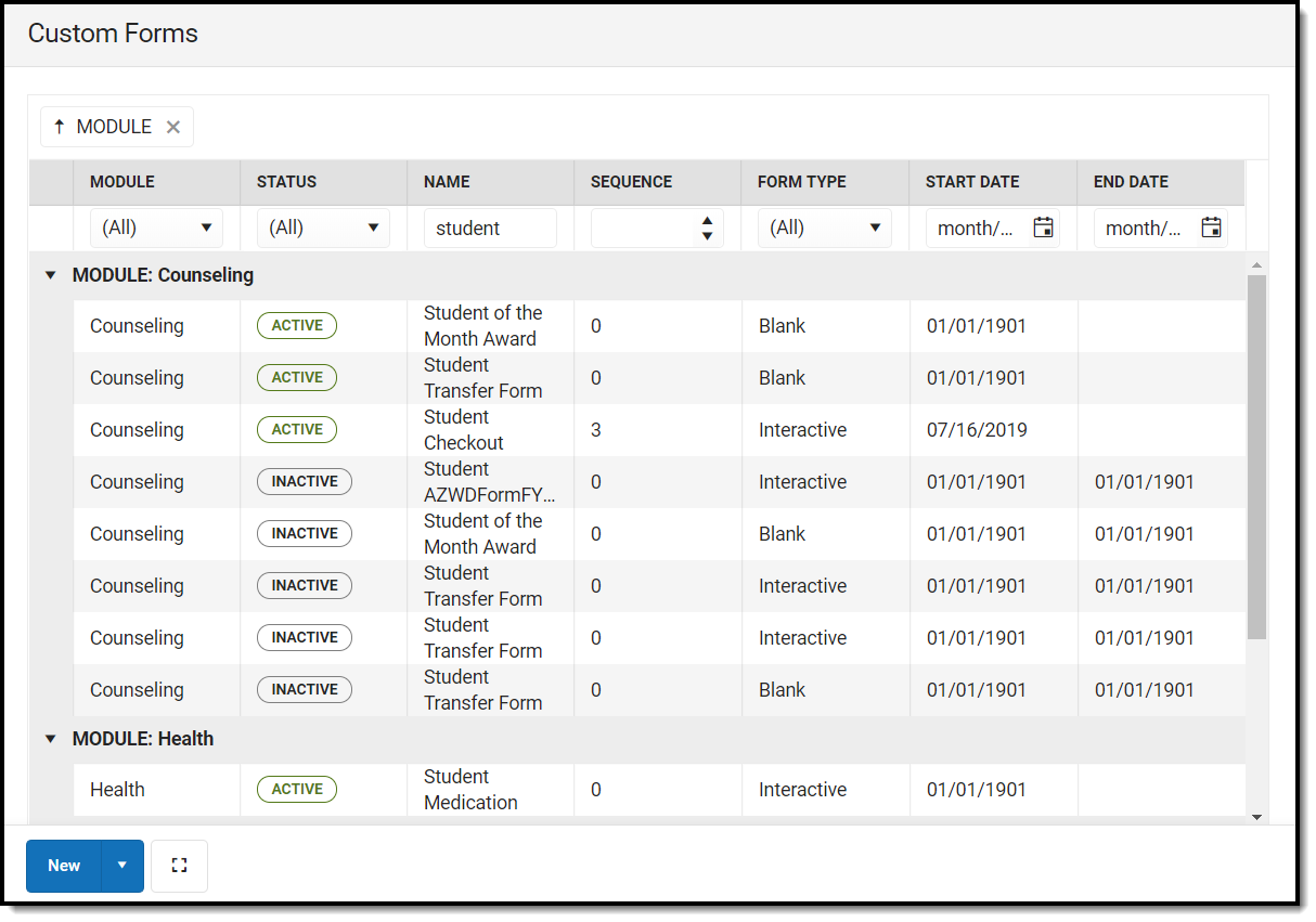 Screenshot of Custom Forms list screen with Counseling Module entries expanded