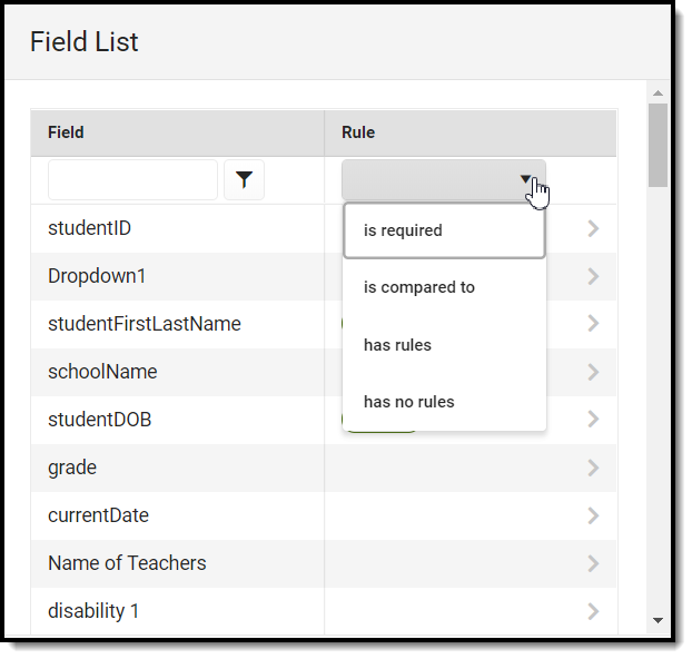Image of rule dropdown filtering options