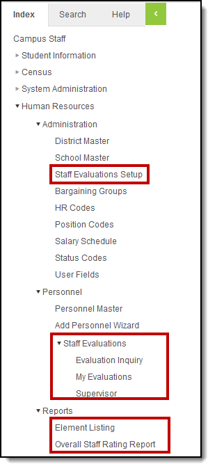Screenshot of the Staff Evaluation tools as they appear in the Index under the Human Resources module.