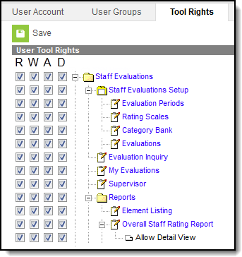 Screenshot of the User Tool Rights for the Staff Evaluations module.