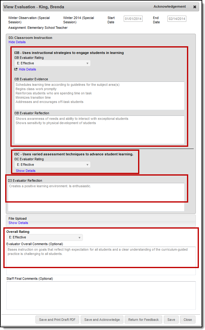 Screenshot of evaluator ratings, reflection, and comments