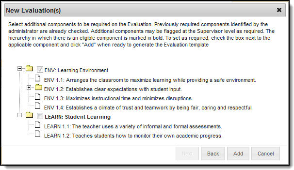 Screenshot of additional components that can be selected for an evaluation.