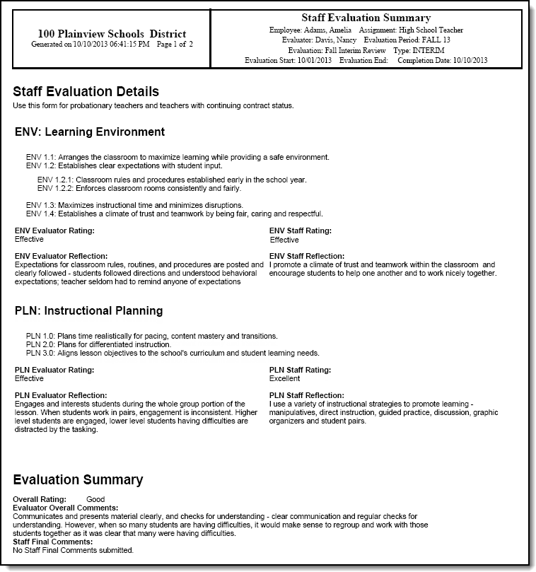 Screenshot of staff evaluation summary