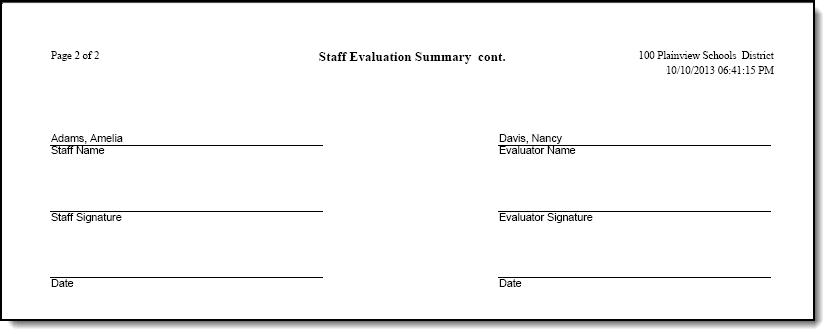 Screenshot of area of the staff evaluation summary for signatures.