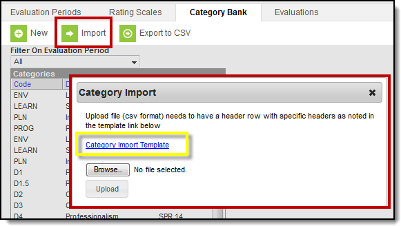 Screenshot of the Category Import window. The Category Import Template link is highlighted.